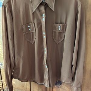 Vintage Woman’s Dagger Collar Shirt Brown Button-Down Shirt